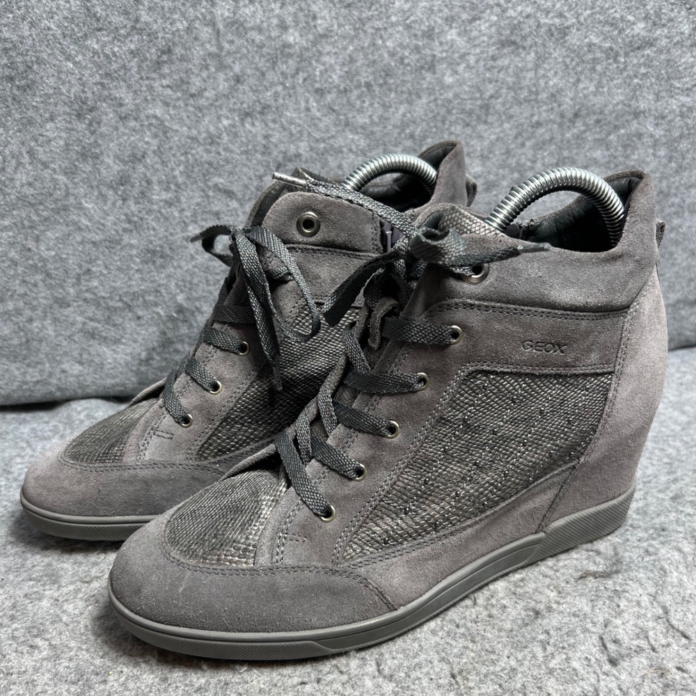 Geox Respira Womens Grey Suede Metallic Python Print Hidden Wedge Sneakers EU 41